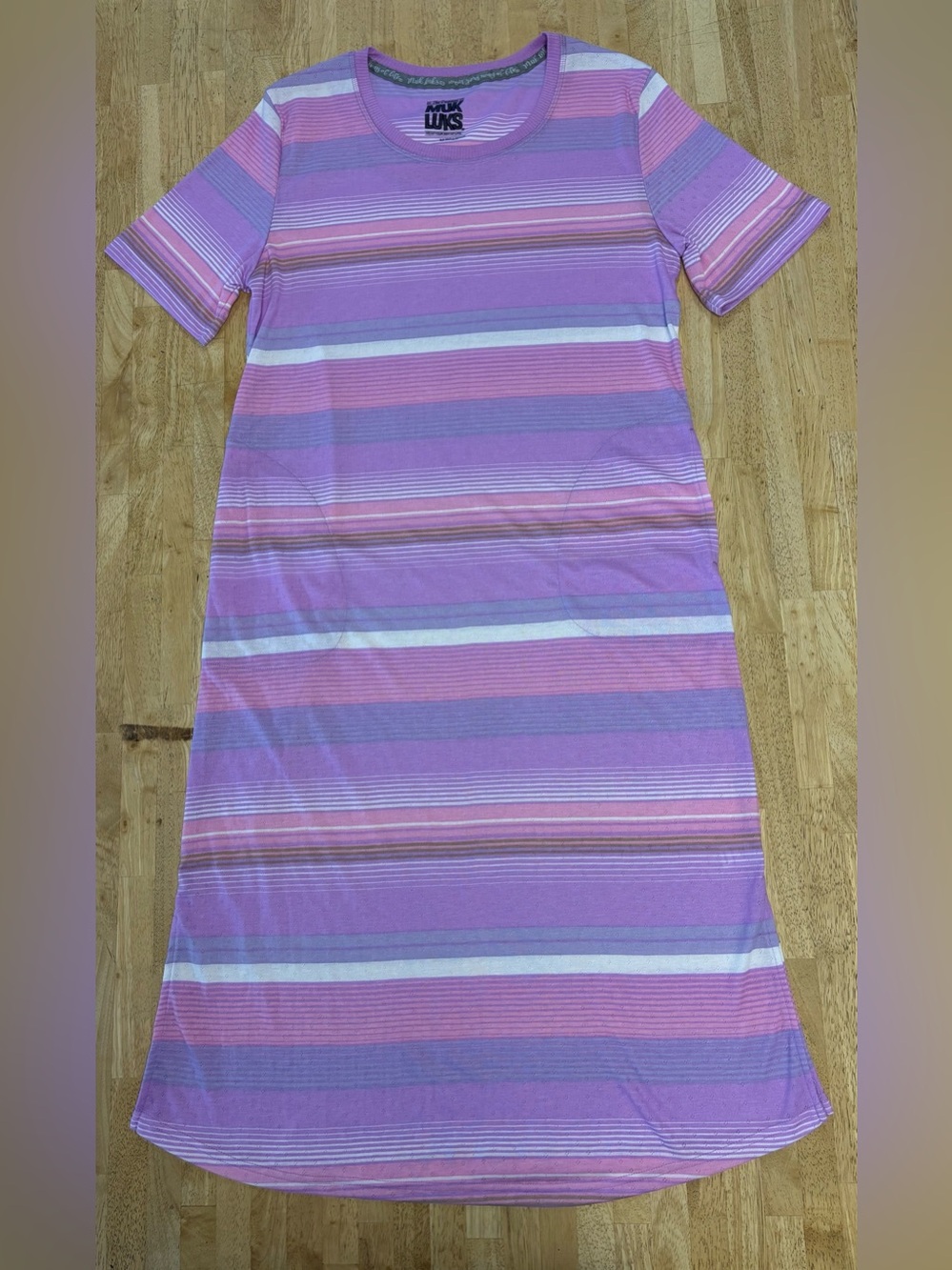 EUC MUK LUKS Cloud Knit Stripe Midi Lounge Dress Nightgown Purple Pink Crew Neck